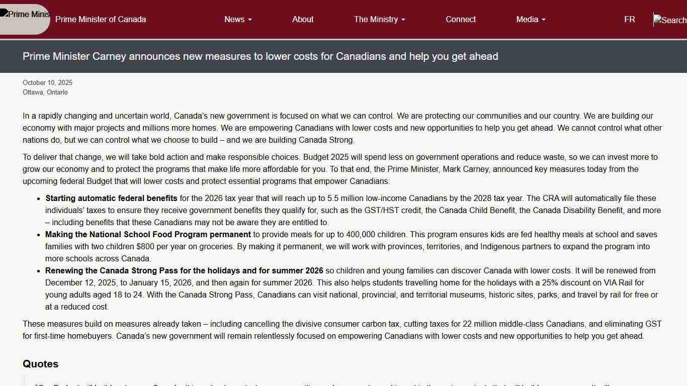 Prime Minister Carney announces new measures to lower costs for Canadians and help you get ahead Prime Minister of Canada